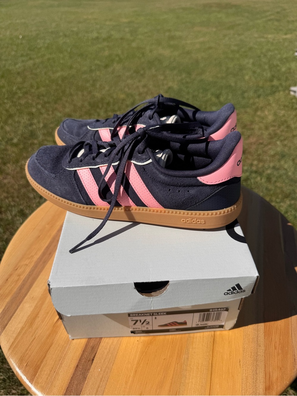 Ladies Adidas Navy with Pink Three-Stripe Sneakers